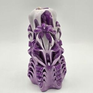 Vtg Hand Carved Ribbon Wax Pillar Candle Purple White 5" Unused Rainbow Fountain